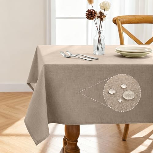 Pureegg Table Cloth for Rectangle Tables - Elegant Linen Mocha Tablecloth Resists Water, Stain, Wrinkle and Heat, Ideal for Dining, Party, Birthday and Wedding, 52x70 Inch by Pureegg