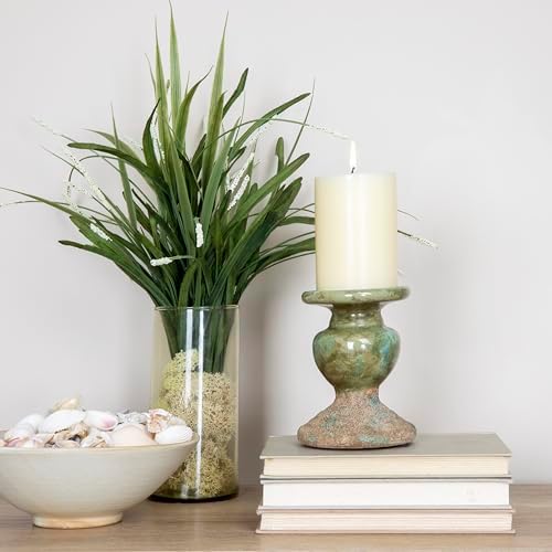 Creative Co-Op 2-Tone Sculptural Terracotta Pillar Candle Holder, Distressed Green - Image 3
