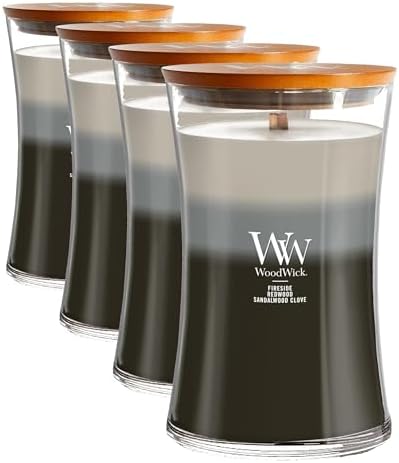 WoodWick Warm Woods Trilogy Holiday Candle Gifts for Women and Men, 21.5 oz Large Hourglass Trilogy Candle with Crackling Wick (Pack of 4) by WoodWick