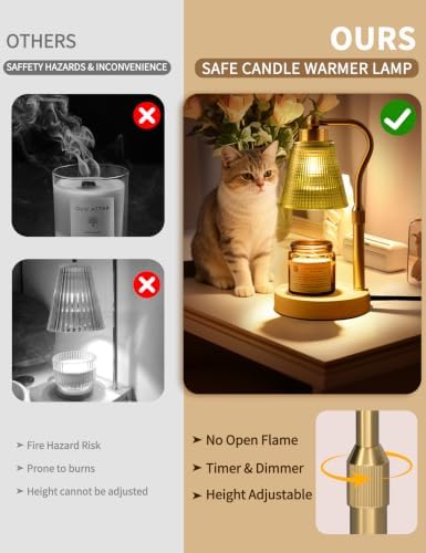 Candle Warmer Lamp for Jar Candles, Height Adjustable & Dimmable with 2/4/8H Timer, 2 * 50W Halogen Wax Melter Warmer for Home Office Décor, Flameless & Smokeless, Gift for Women Mom,Gold-Green - Image 2