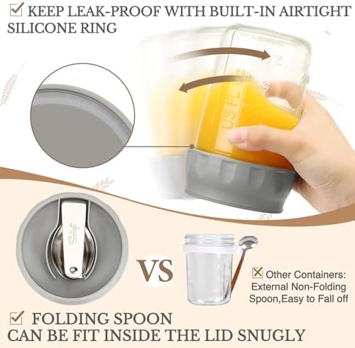 SOLIGT 4 Pack Overnight Oats Containers with Lids, Folding Spoons and Divided Compartments for Fruit & Nuts, Small Glass 16oz Mason Jars for Oatmeal Yogurt Parfait - Image 4