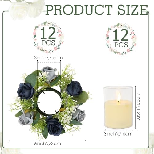 Blue Rose Candle Rings with Flameless Candles Sets - 24PCS Artificial Flower Eucalyptus Wedding Centerpiece 3 Inch Pillar Candleholders Wreaths for Wedding Party Decor (Blue - 12 Sets) - Image 2