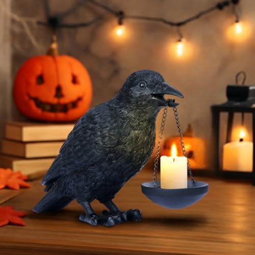 Dlfghos Gothic Home Decor Raven Lamp Tealight Candle Holder Halloween Decorations Indoor Fake Crow Light Holder Resin Black Bird Statue for Living Room Fireplace Entrance Holiday Spooky Ornaments - Image 2