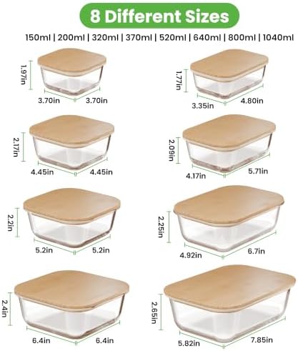 Verel Glass Food Storage Containers with Bamboo Lids (Assorted Sizes, 8 Pack) Eco Friendly Meal Prep Containers Airtight – Plastic Free, BPA Free - Image 2