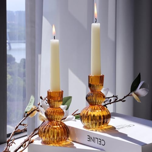 Woho Amber Taper Candle Holders 4.3" H for Halloween/Thanksgiving Decorations, Set of 3 Ribbed Glass Candlestick Holders Vintage for Fall Wedding, Boho Candle Sticks Holder Decor for Dining Table - Image 2