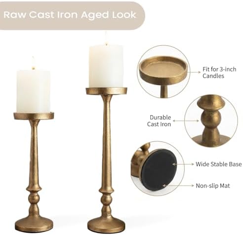BANOMII Vintage Iron Pillar Candle Holders Set of 2, Antique Brass Gold - Image 4