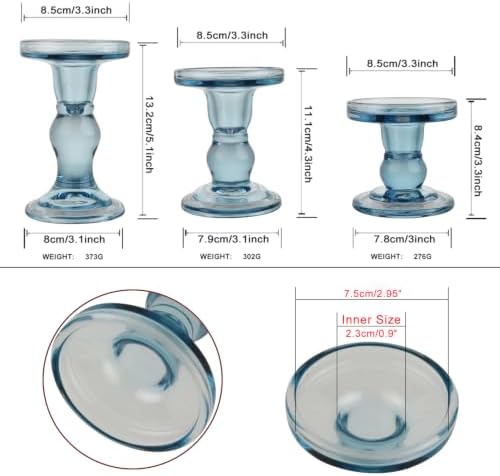 3-Piece Set of Blue Glass Candlestick, Crystal Candlestick Holder Holder and Conical Candle, Christmas Candle Holder Decoration, Family Living Room Wedding Candle Holder (Blue) - Image 2