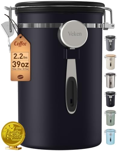 Veken Coffee Canister,39OZ, 2.2lbs,Large Airtight Stainless Steel Container by Veken