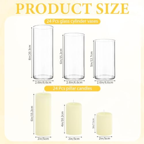 24-Pack Ivory Pillar Candles (2''X3,4,6) & 24-Pack Glass Cylinder Vases(2.6''X5,6,8),Hurricane Candles,Wedding Centerpiece Decor Set-Mixed Heights for Table, Proposal, Event. - Image 2