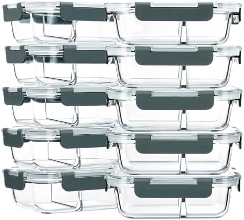 M MCIRCO 10 Pack,30 oz, 2 Compartments Glass Meal Prep Containers with Lids by MMCIRCO