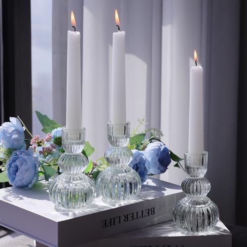 Woho 3pcs Clear Taper Candle Holders 4.3" H, Ribbed Candlestick Holders - Image 3