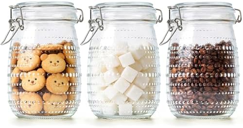 ComSaf Round Glass Jars with Airtight Lids 34 oz 3 Pack Wide Mouth Hobnail by ComSaf