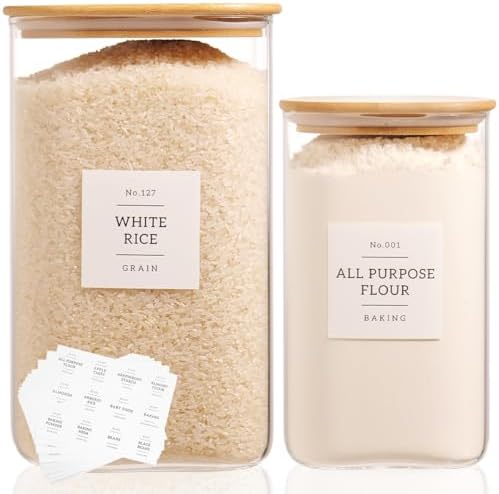 2 Pack large Square Glass Flour and Sugar Containers with 132 Kitchen Pantry Labels - 149 floz & 71 floz - Glass Jars with Airtight Bamboo Lid - Glass Rice Canisters for Coffee, Pasta, Cookie, Cereal by CZDYSM