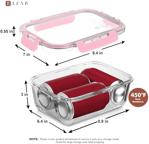 Razab 2 Pcs 1860ml / 63 Oz Large Glass Food Storage Containers with Lids - Glass Meal Prep Containers with Locking Lids for Roasting, Storing Leftover, Lunch Container, BPA Free, Microwave & Oven Safe - Image 4