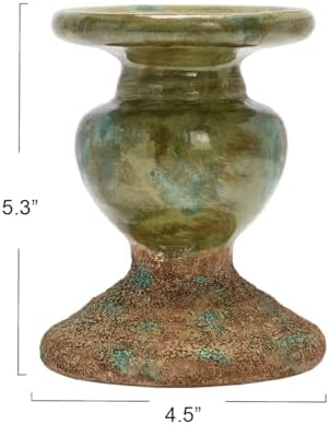 Creative Co-Op 2-Tone Sculptural Terracotta Pillar Candle Holder, Distressed Green - Image 2