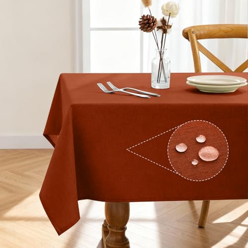 Pureegg Rectangle Linen Tablecloth Waterproof & Stain Resistant, Wrinkle-Free Table Cloth, Ideal forThanksgiving Decorations, Harvest Party, Fall Tablecloths, 52 x 70 Inch, Terracotta by Pureegg