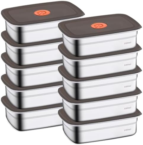 CLWVPCOT 10 Pack Stainless Steel Food Storage Containers with Leak-Proof Lids, 34oz Reusable Metal Meal Prep Lunch Boxes, Stackable, BPA-Free, Dishwasher Safe for Snacks, Fruits & On-the-Go Meals by CLWVPCOT