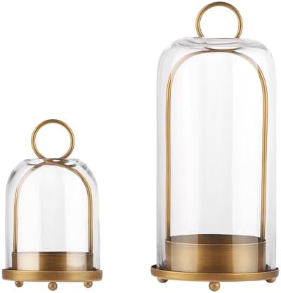 5" & 4" Wide Versatile Metal Candle Holder with Handmade Sturdy Glass Dome in Brass for Pillar Candle & Plants, 5.1" xH11.8 4" xH7.5, Industrial, Farmhouse, Shabby Chic. (2, Brass, Large & Small) by Unknown