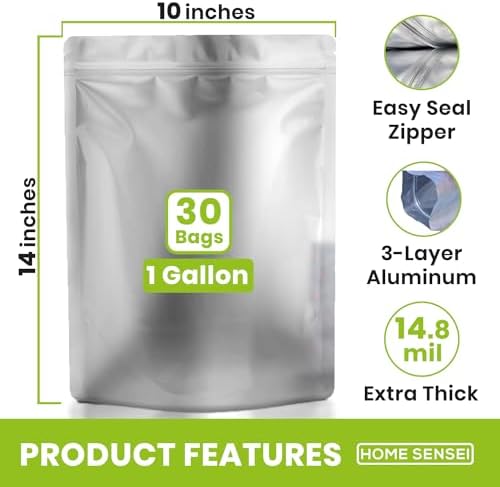 30 Mylar Bags for Food Storage 1 Gallon - Extra Thick 15 Mil - Long Term & Food Grade - Mylar Bags with Oxygen Absorbers 400cc- Zipper, Resealable, Stand-up Gousset - Bolsas Mylar con Abosrbentes - Image 2