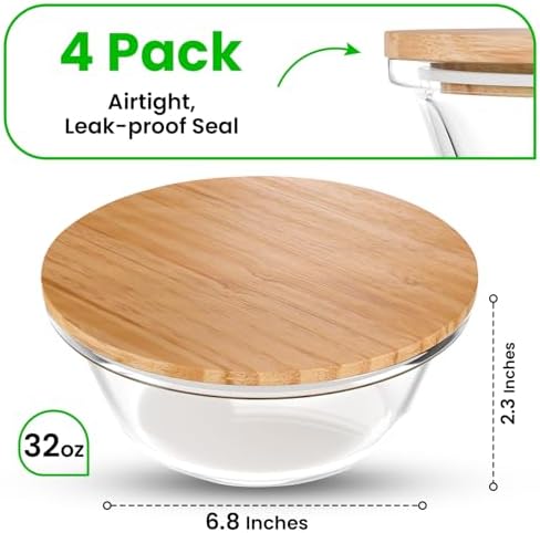 Verel Glass Food Storage Containers with Bamboo Lids (4 Pack, 32 Ounce) Eco Friendly Meal Prep Containers Airtight – Plastic Free, BPA Free - Image 2