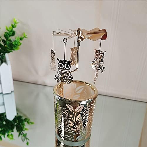 kingnero Gift Carousel Candle Tea Light Holder Rotary Candleholder Metal Windmill Candlestick Spinning Candle Holder for Home Decor (owl Golden) - Image 4