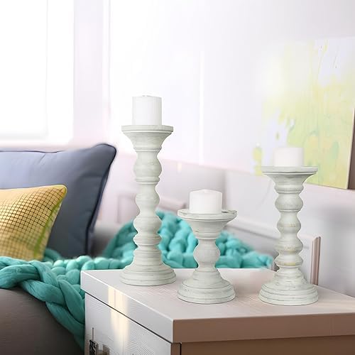 Mela Artisans Willow Mango Wood Candle Holders - Cool Grey, Set of 3 - Image 6