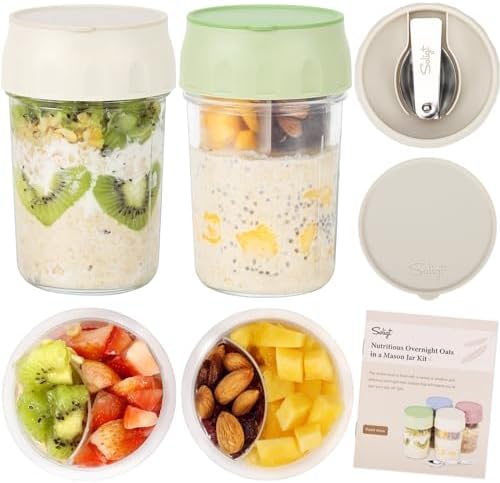 SOLIGT 2 Pack Overnight Oats Containers with Lids (White/Organic Green) by SOLIGT