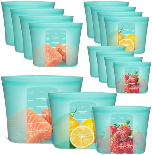 Reusable Food Bags, 12 Pack 100% Silicone Food Storage Bags Stand Up Zip Lock Container, Freezer Microwave Oven Dishwasher Safe, 4 Medium 4 Small 4 Extra Small, Aqua by Annaklin