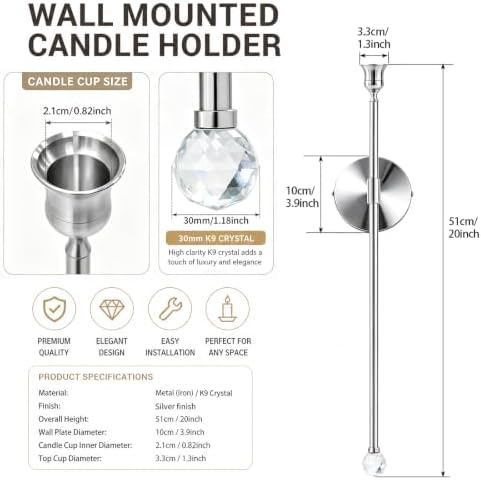 20" Wall Mounted Candle Sconce, 4 Pcs, Silver - Image 2