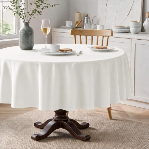 Veblandy Faux Linen Round Tablecloth 60 inch, Table Cloth Wrinkle Free Decorative Fabric Waterproof Table Cover for Dining/Party/Buffet/Wedding, White by Veblandy