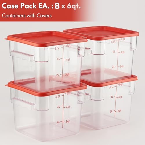 CURTA 8-Pack 6 Qt NSF Clear Polycarbonate Food Storage Containers with Red Lids - Square, Commercial-Grade, Freezer & Dishwasher Safe, Stackable - Image 2