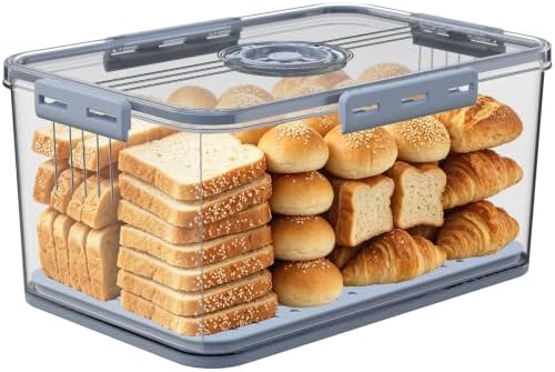 Large Bread Box with Lid ,Time Recording Airtight Bread Container Grey by Fanlory