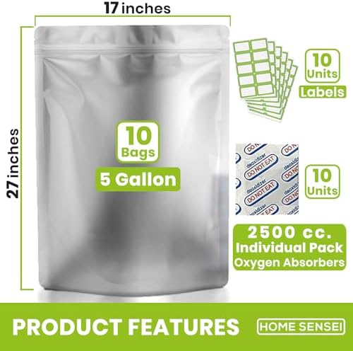 10pcs 5 Gallon Mylar Bags for Food Storage - 10 Mil Thick - Extra large bags 5 Gallon with Oxygen Absorbers 2500cc - Zipper Resealable Milar Bags - Bolsas Mylar 5 Galones - Image 2