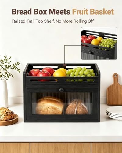 Bread Box for Kitchen Countertop, Bamboo Storage with Top Shelf, Black - Image 3