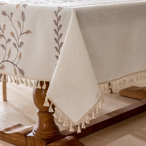 Joyfol Day Rectangle Linen Tablecloth, Heavy Duty Waterproof Tablecloths, Farmhouse Embroidery Leaves Table Cloth with Tassels, Soft Wrinkle Free Table Cover, Coffee Vines, 55''x 86'' - Image 7