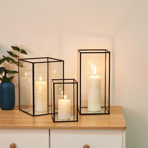 PHOSPHOR Glass Hurricane Candle Holder Set of 3 PCS Large Glass Square Candle Holder Black Lanterns Decorative for Pillar Candle Indoor Candle by PHOSPHOR