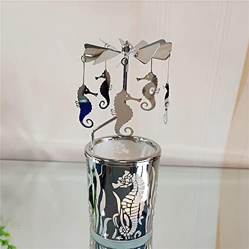 kingnero Gift Carousel Candle Tea Light Holder Rotary Candleholder Metal Windmill Candlestick Spinning Candle Holder for Home Decor (Hippocampus Silver) - Image 4