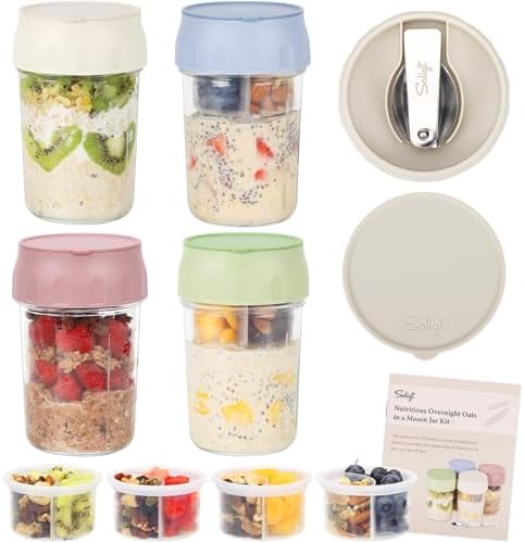 SOLIGT 4 Pack Overnight Oats Containers with Lids, Folding Spoons and Divided Compartments for Fruit & Nuts, Small Glass 16oz Mason Jars for Oatmeal (4 Set-Oat White/Green/Rose/Blue) by SOLIGT