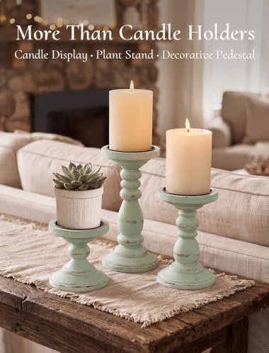 Wood Pillar Candle Holder: Distressed Sage Green Candle Stand - Image 4