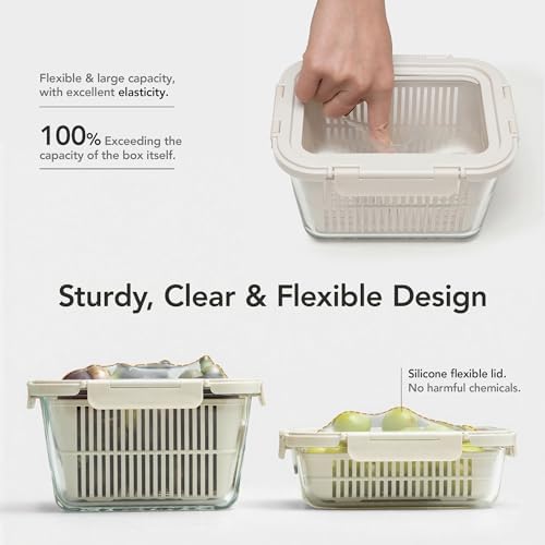 GENICOOK Glass Produce Storage Containers for Fridge, 2-Set – Airtight Fruit & Vegetable Containers with Removable Colanders, Flexible Silicone Lids,LeakProof, BPA-Free Borosilicate Glass - Image 2