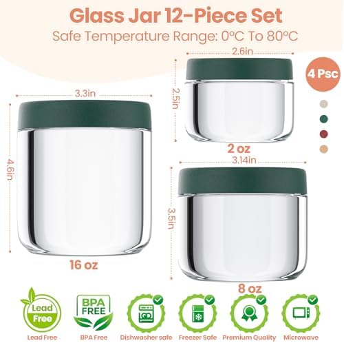 12Pack Overnight Oats Containers with Lids, 16oz, 8oz & 4oz Glass Jars with Airtight Lids, Wide mouth Mason Salad jars, Glass Food Storage Containers for Yogurt Chia Pudding Snacks Cereal & Spices - Image 2