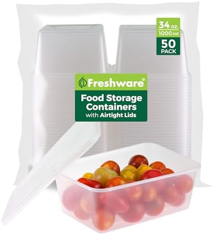 Freshware Food Storage Containers [50 Set] 34 oz Plastic Deli Containers with Lids, Slime, Soup, Meal Prep Containers, BPA Free, Stackable, Leakproof, Microwave, Dishwasher and Freezer Safe by Freshware