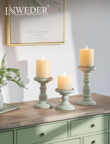 Wood Pillar Candle Holder: Distressed Sage Green Candle Stand - Image 2