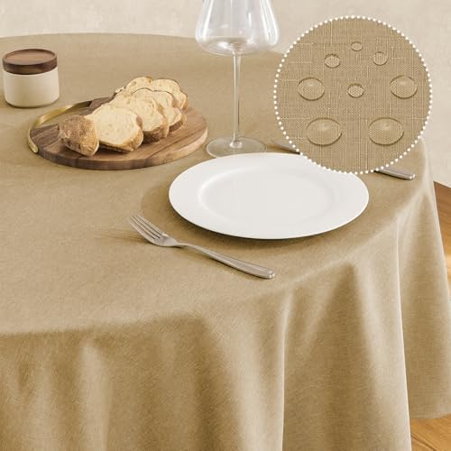 Veblandy Faux Linen Round Tablecloth 60 inch, Table Cloth Wrinkle Free Decorative Fabric Waterproof Table Cover for Dining/Party/Buffet/Wedding, Coffee by Veblandy