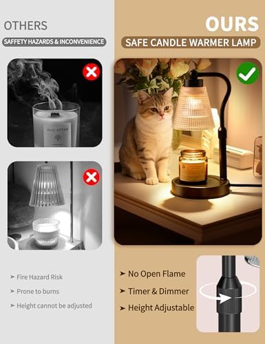 Candle Warmer Lamp for Jar Candles, Height Adjustable & Dimmable with 2/4/8H Timer, 2*50W Halogen Wax Melter Warmer for Home Office Décor, Flameless & Smokeless, Gift for Women Mom, Black-Clear/1 Pack - Image 2