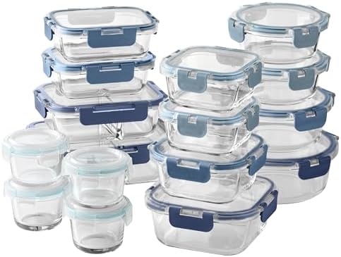 COOK WITH COLOR Premium 32-Pc. Borosilicate Glass Food Container Set with Dividers - 4 Rectangles, 8 Rounds, 4 Squares - Leakproof Lids - Meal Prep, Storage, Ombre Blue by CookwithColor