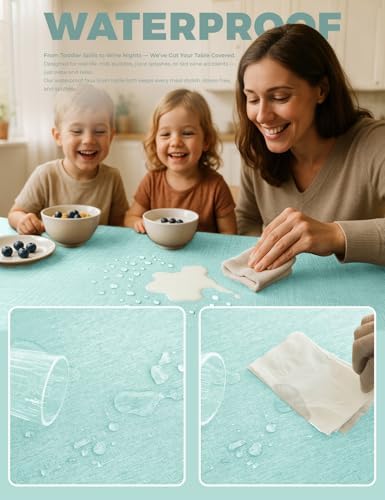 Decorelia Waterproof Wipe Clean Table Cloth for 10ft Banquet Rectangle Table, Outdoor Spillproof Wrinkle Free Tablecloth for Thanksgiving, Christmas, Easter (Oblong, 60 x 144 Inch (12-14 Seats), Aqua) - Image 4