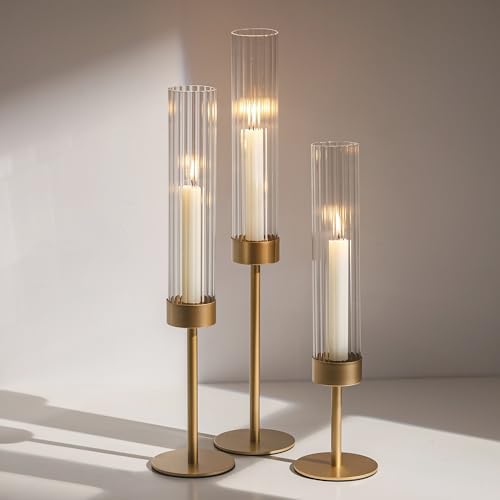 Glasseam Gold Hurricane Taper Candle Holders, 3 Pcs Candlestick with Glass by Glasseam