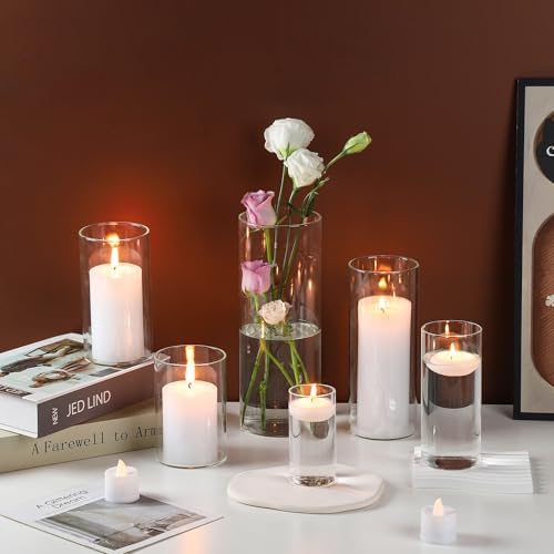 UDU 24 Pcs White Pillar Candles and Glass Cylinder Vases, Hurricane Pillar Candle Holder Vases for Wedding Centerpieces Table Party Home Decor(3.2" X 4.7", 6", 8") - Image 3