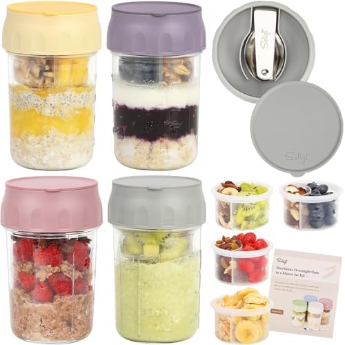 SOLIGT 4 Pack Overnight Oats Containers with Lids, Folding Spoons and Divided Compartments for Fruit & Nuts, Small Glass 16oz Mason Jars for Oatmeal Yogurt Parfait by SOLIGT